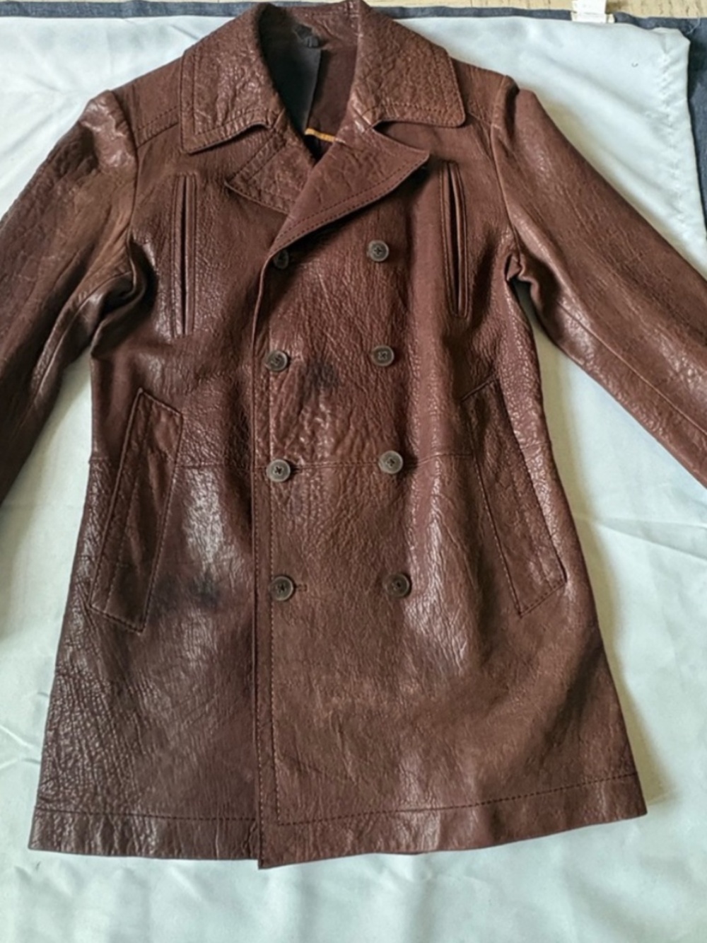 OFF-PR STYLE MEN'S BROWN LEATHER DOUBLE-BREASTED COAT SIZE 48 - Picture 4 of 16